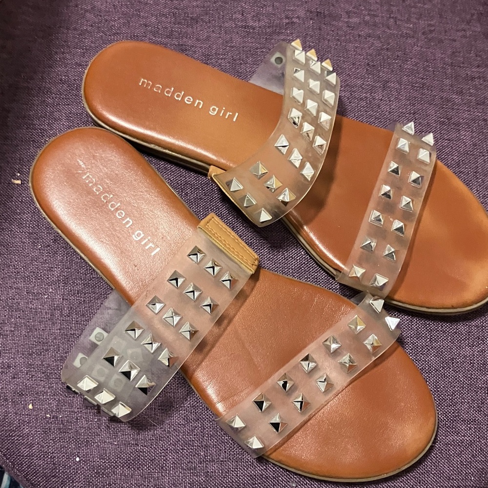 Madden Girl Tan Slide Sandals with Silver Studs